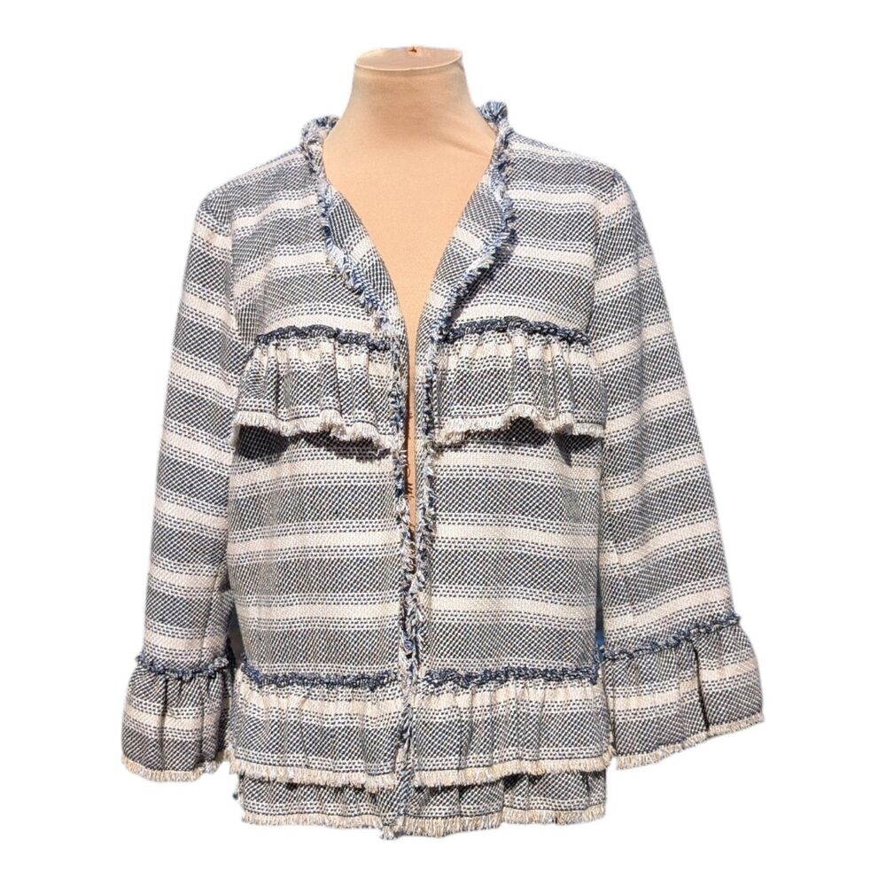 Sugar Lips Raw Edge Hem Tweed Crop Blazer Jacket Ruffle Trim Blue White Large